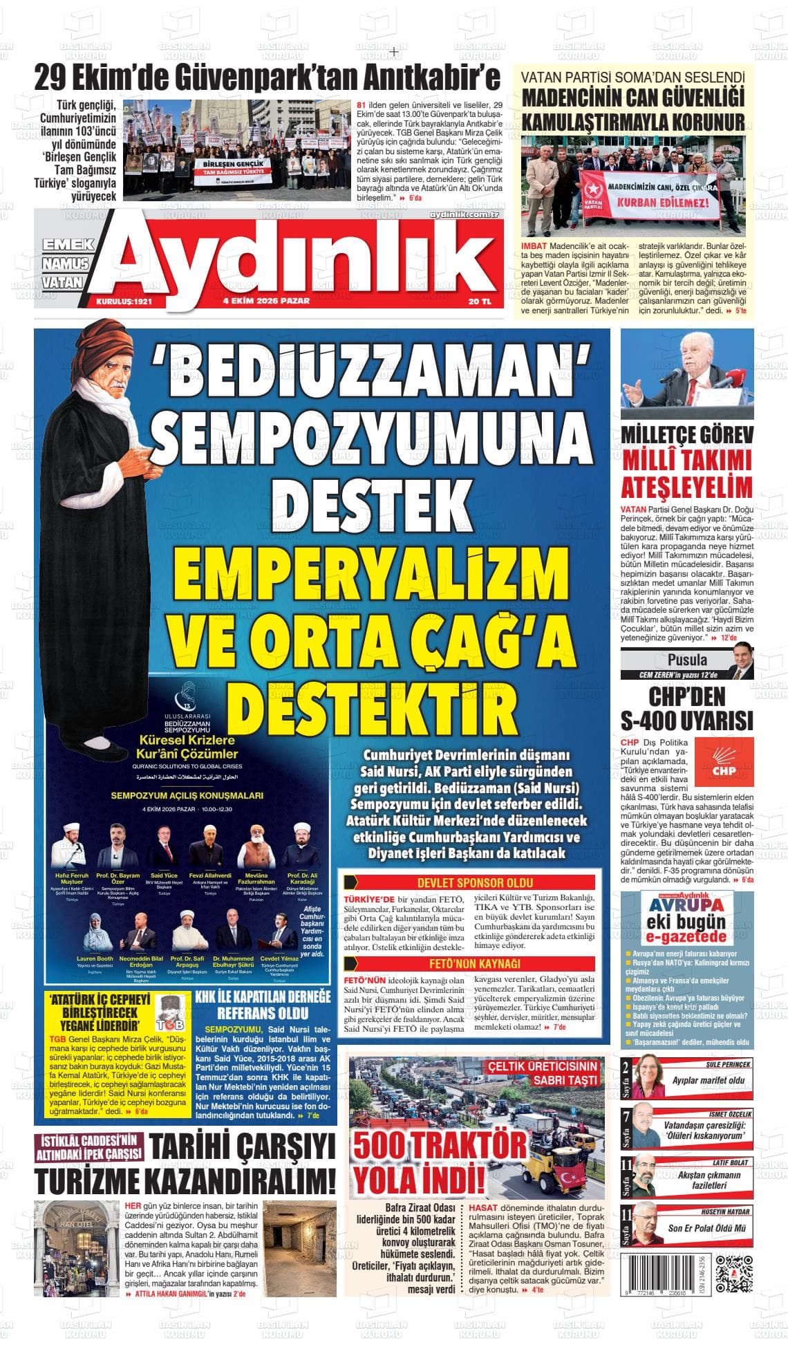 AYDINLIK gazetesi birinci sayfası