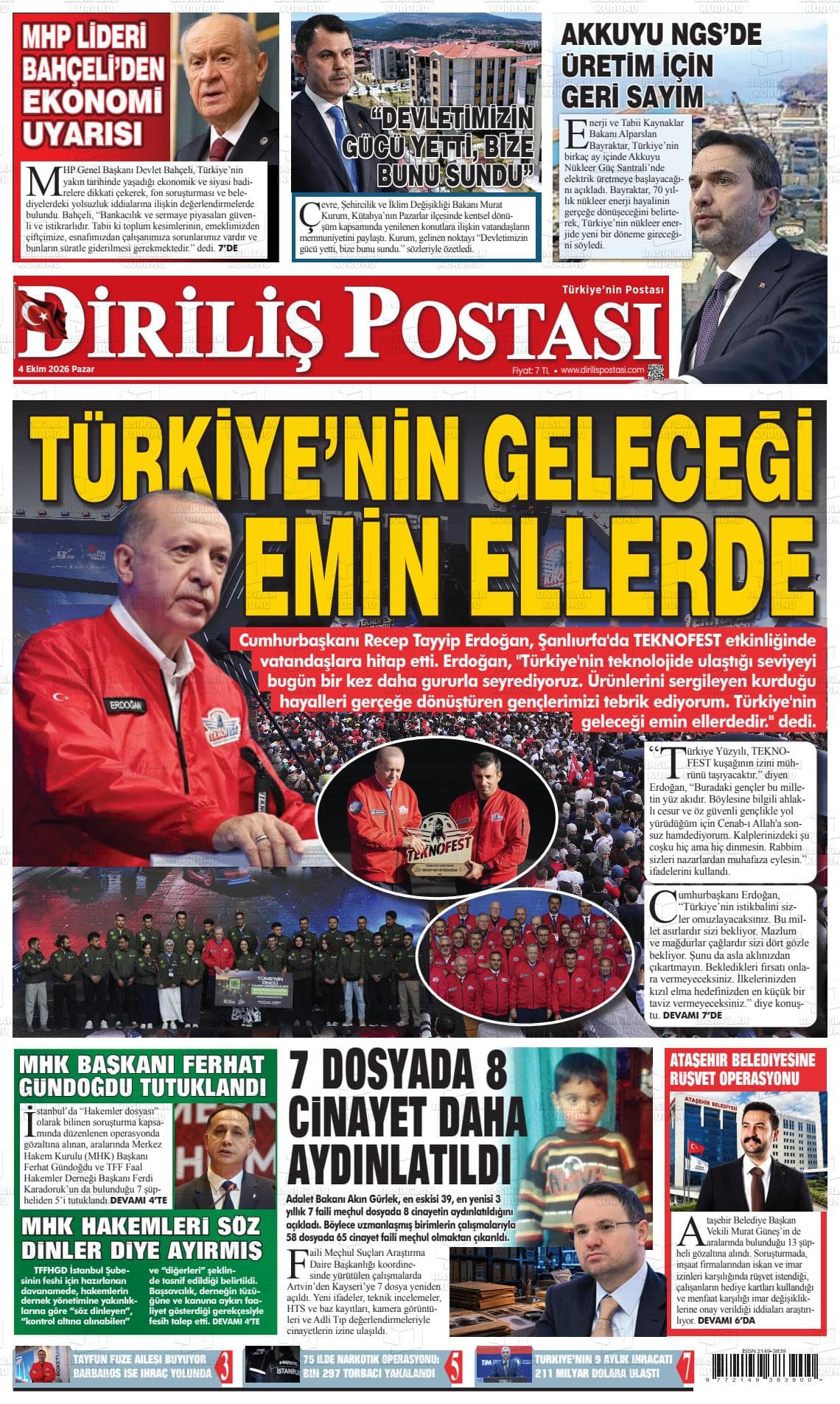 DİRİLİŞ POSTASI gazetesi birinci sayfası