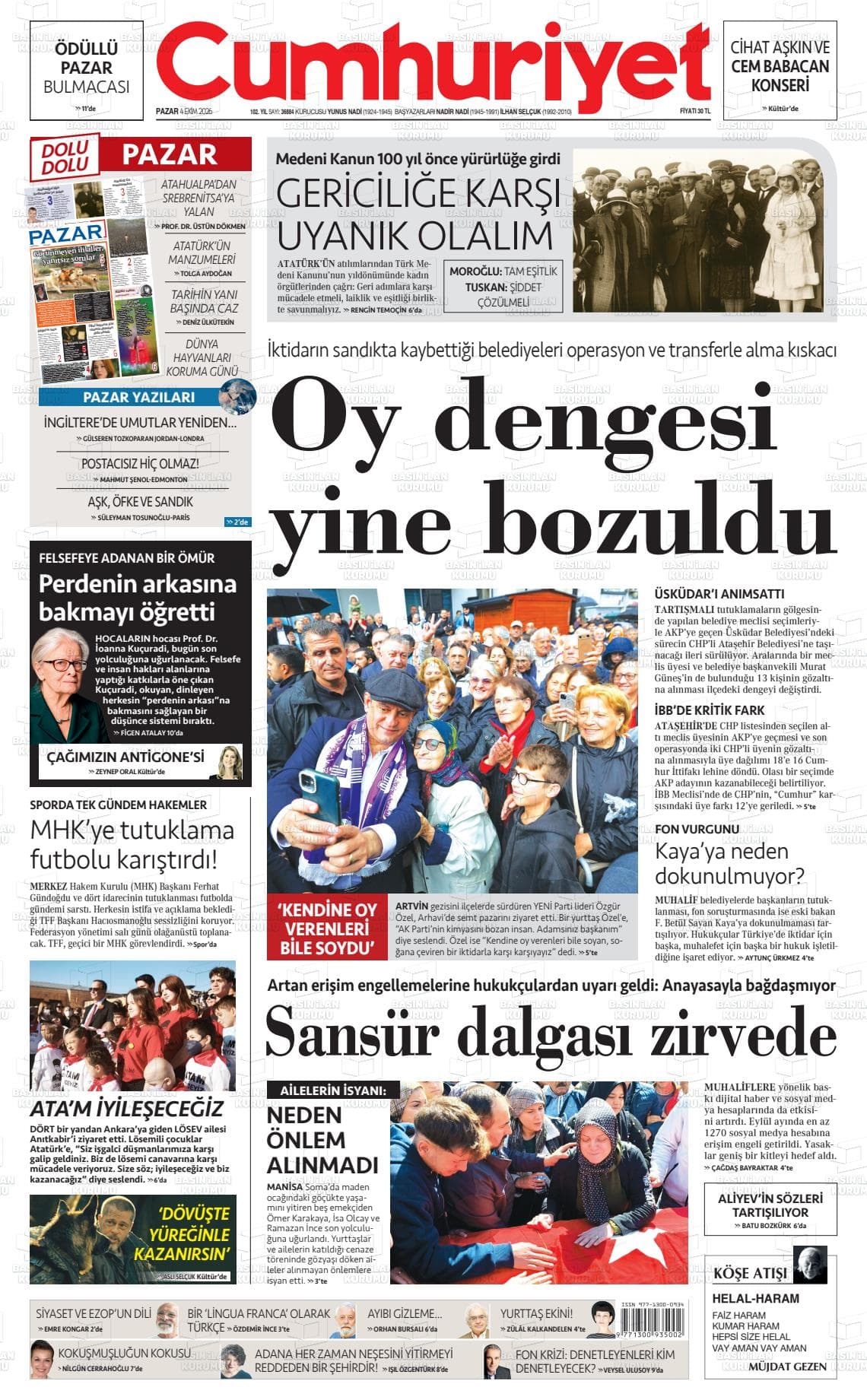 CUMHURİYET gazetesi birinci sayfası