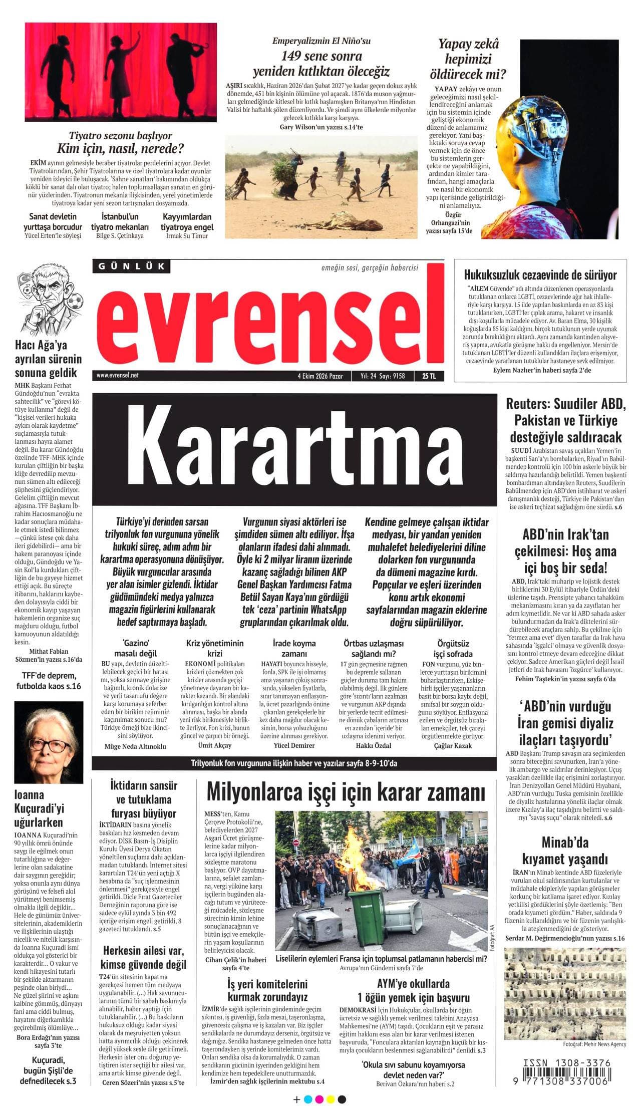 GÜNLÜK EVRENSEL gazetesi birinci sayfası