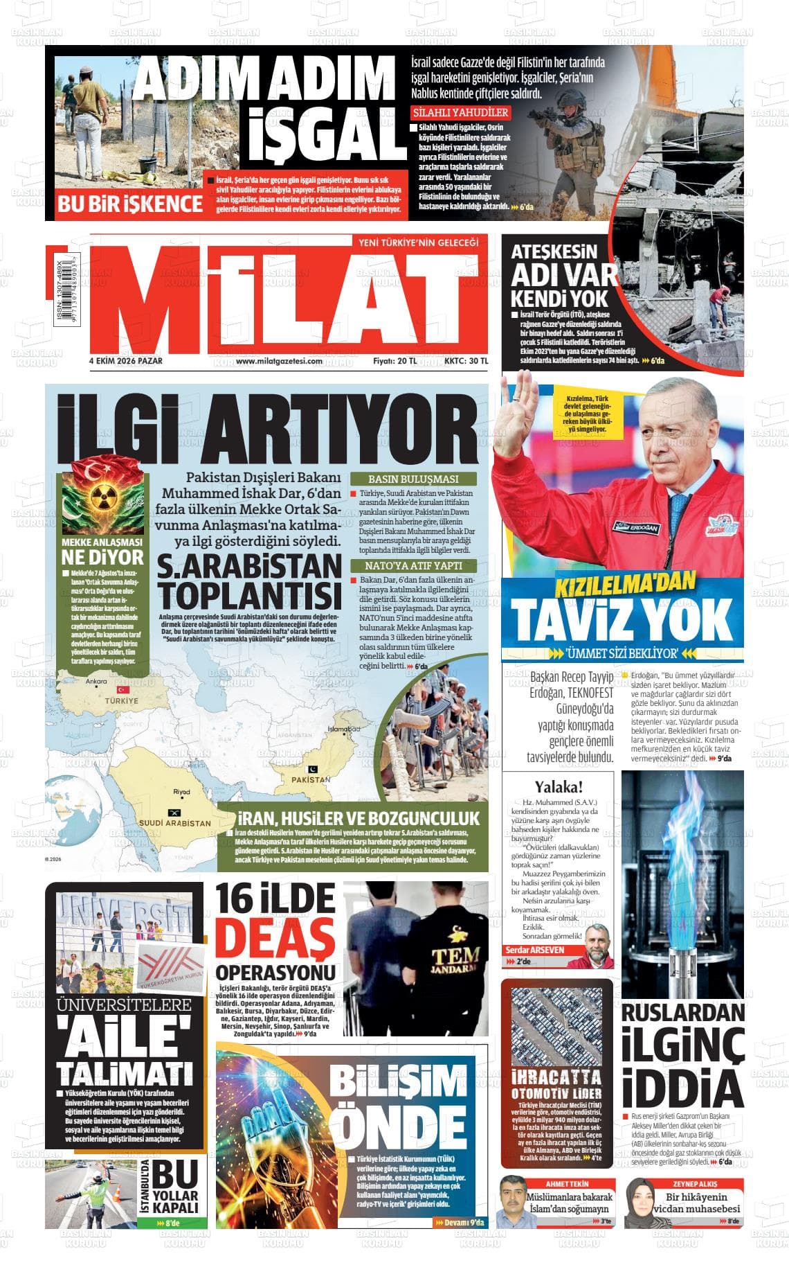 MİLAT gazetesi birinci sayfası