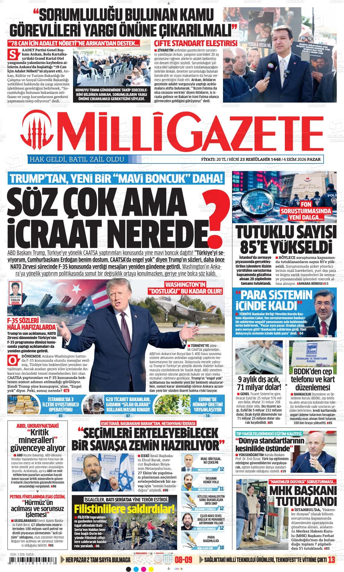 MİLLİ GAZETE gazetesi birinci sayfası