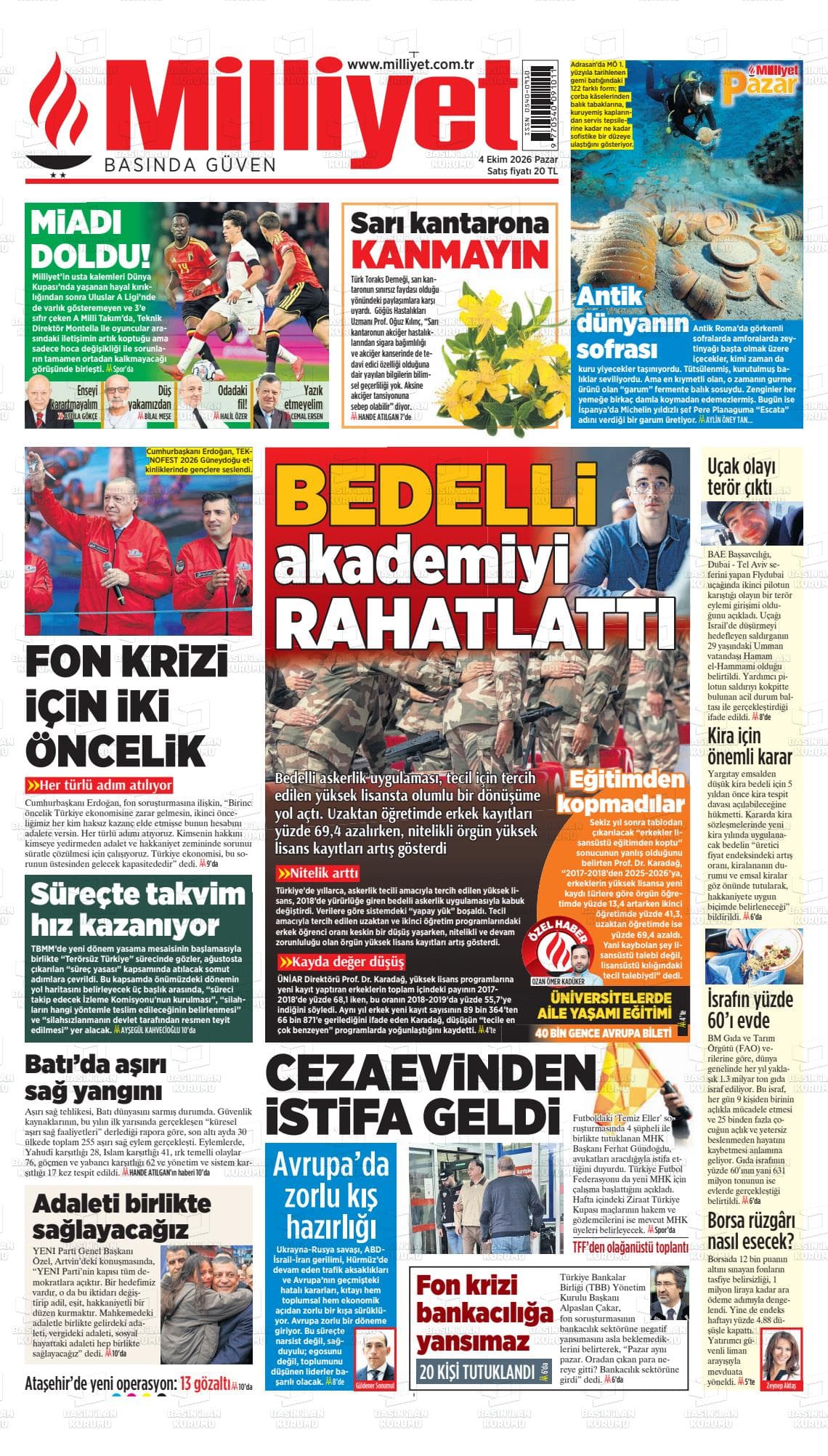 MİLLİYET gazetesi birinci sayfası