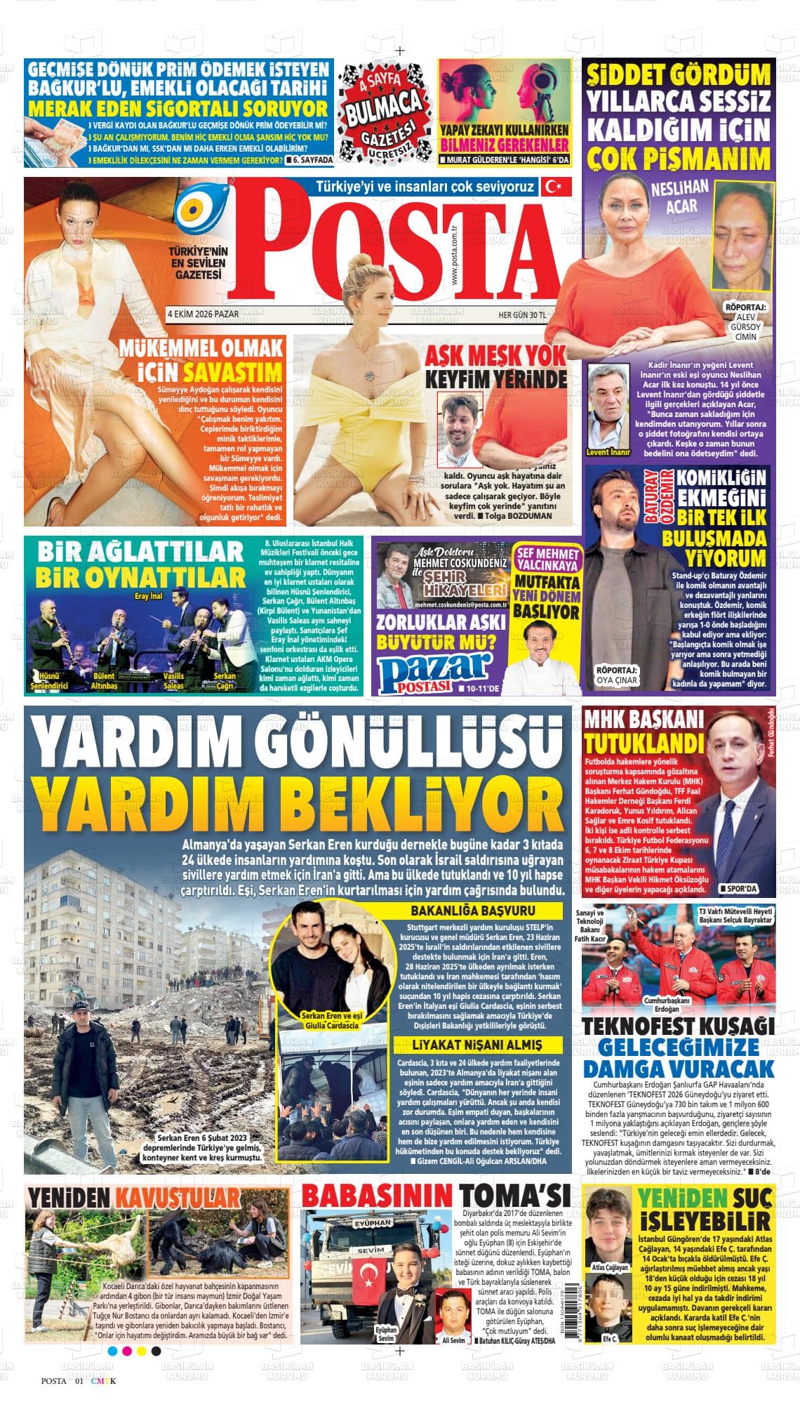 POSTA gazetesi birinci sayfası