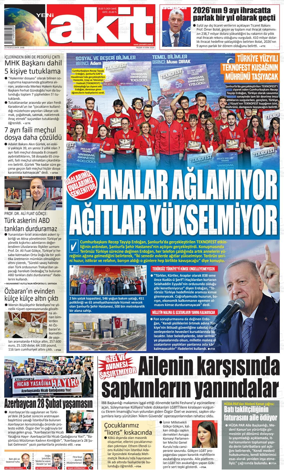 YENİ AKİT gazetesi birinci sayfası