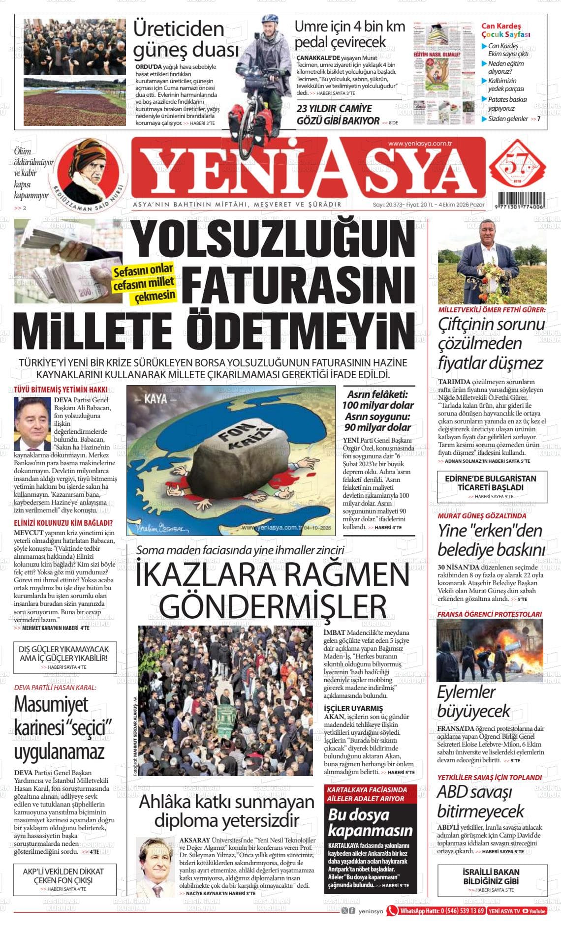 YENİ ASYA gazetesi birinci sayfası