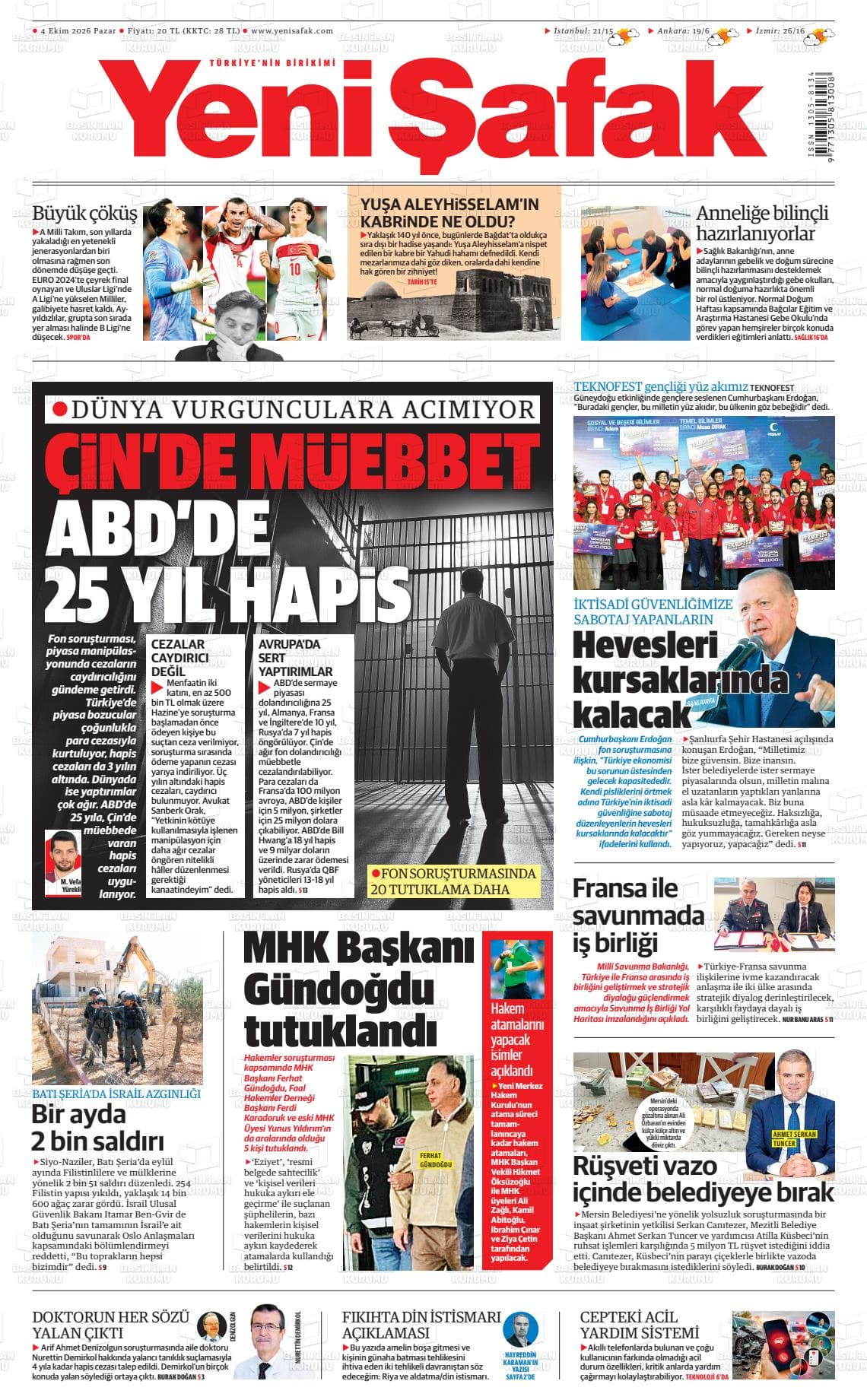 YENİ ŞAFAK gazetesi birinci sayfası