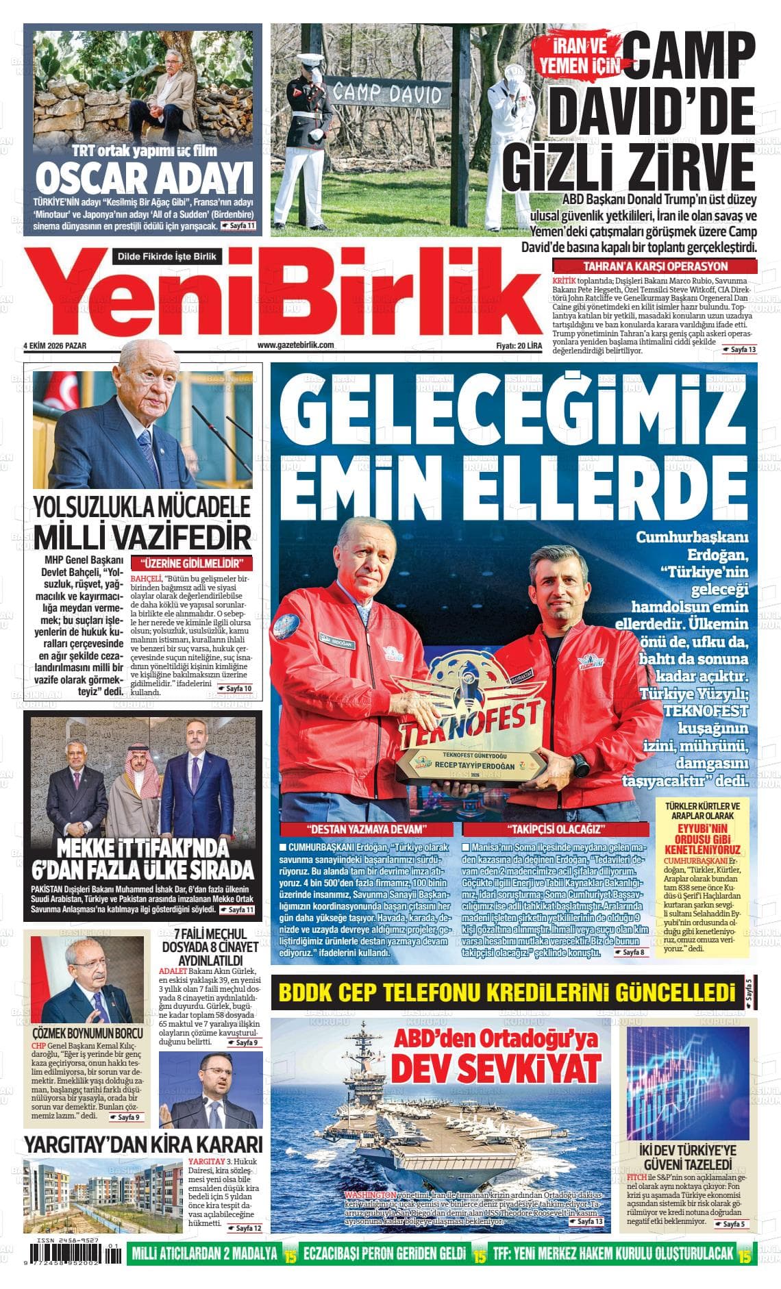 YENİ BİRLİK gazetesi birinci sayfası