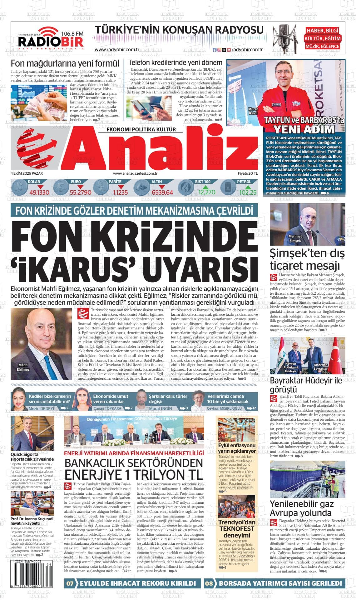 ANALİZ gazetesi birinci sayfası