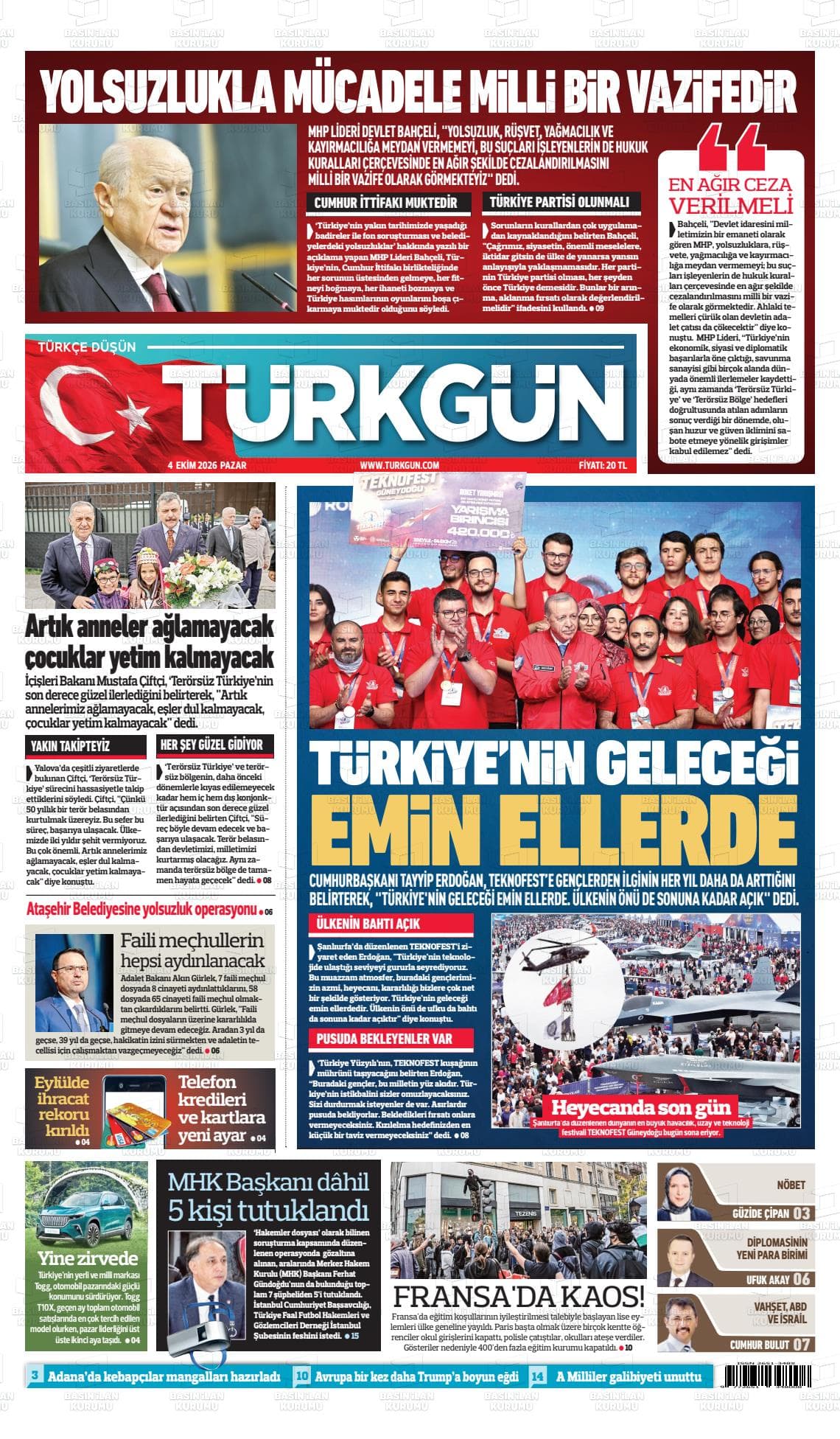 TÜRK GÜN gazetesi birinci sayfası
