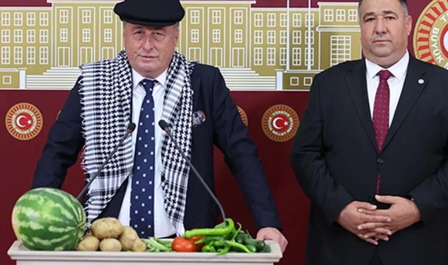 Kasketi taktı, sebze meyveleri TBMM kürsüsüne koydu!