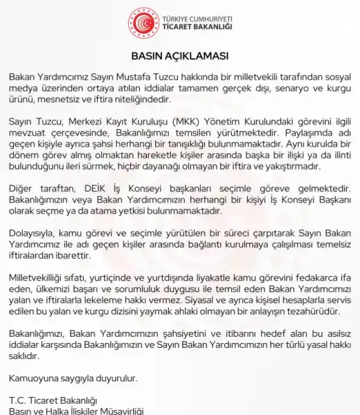 Ticaret Bakanlığından Mustafa Tuzcu açıklaması